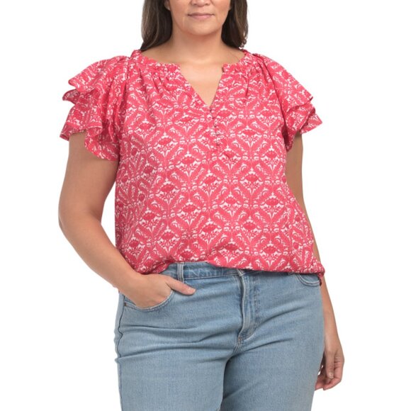 C&T Red/White Plus Ruffle Sleeve Blouse - Picture 1 of 2